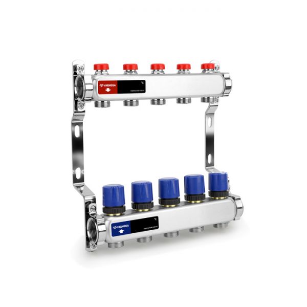 Распределительный коллектор (группа) для отопления Varmega VM15505 ВР 1", на 5 контуров 3/4" EK, нержавеющая сталь