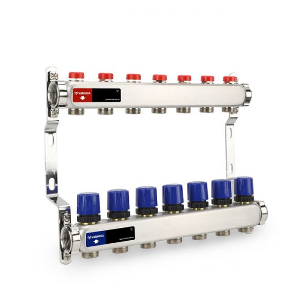 Распределительный коллектор (группа) для отопления Varmega VM15507 ВР 1", на 7 контуров 3/4" EK, нержавеющая сталь