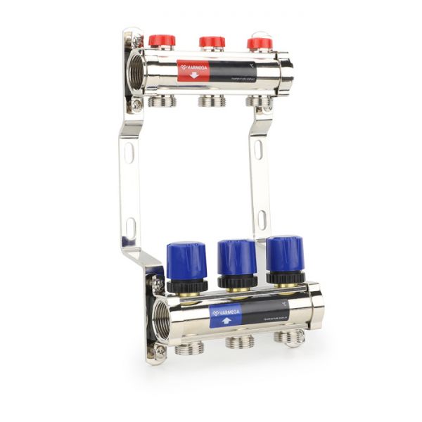 Коллекторная группа для отопления Varmega VM15803 ВР 1", на 3 контура 3/4" EK, латунь