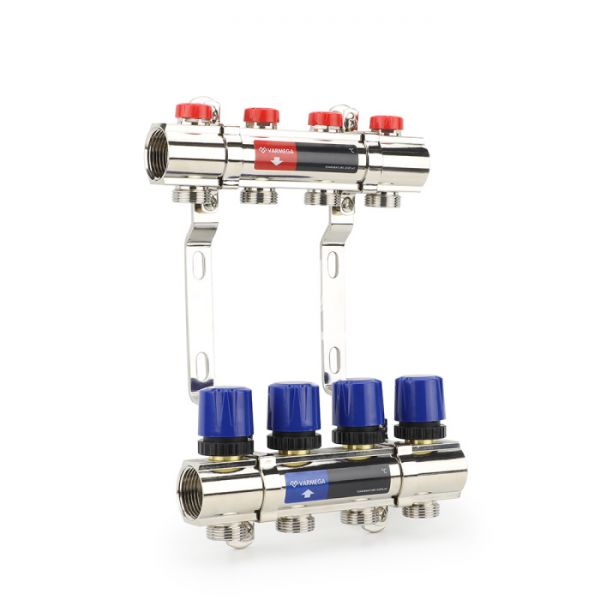 Коллекторная группа для отопления Varmega VM15804 ВР 1", на 4 контура 3/4" EK, латунь