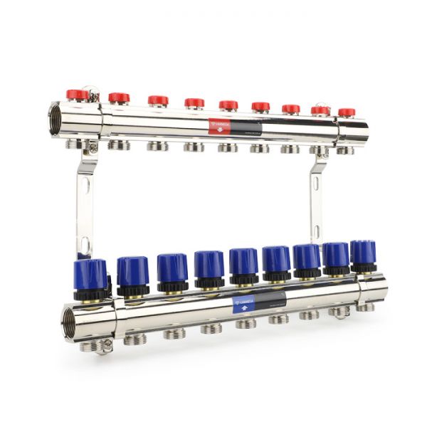 Коллекторная группа для отопления Varmega VM15809 ВР 1", на 9 контуров 3/4" EK, латунь