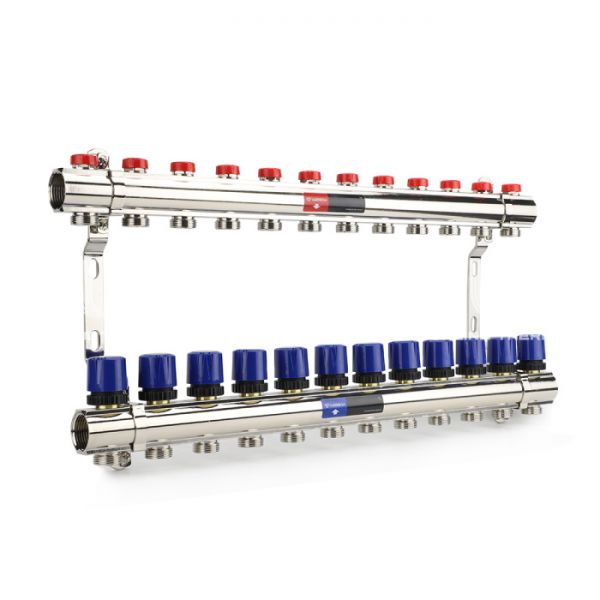 Коллекторная группа для отопления Varmega VM15812 ВР 1", на 12 контуров 3/4" EK, латунь
