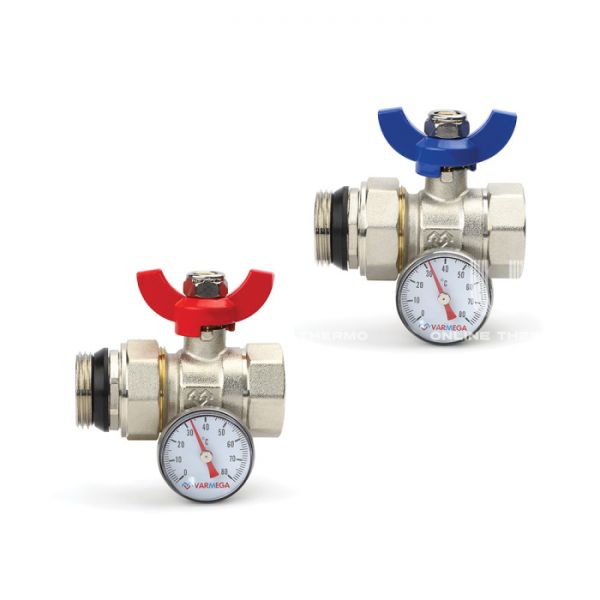 Комплект прямых шаровых кранов Varmega VM15953, 1" ВР-НР, с разъемным соединением, ручка-бабочка, с термометром