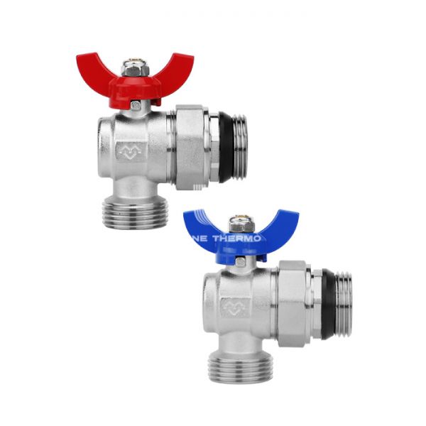 Комплект угловых шаровых кранов Varmega VM15955, 1"x1" НР-НР, с разъемным соединением, ручка-бабочка, для коллекторных групп