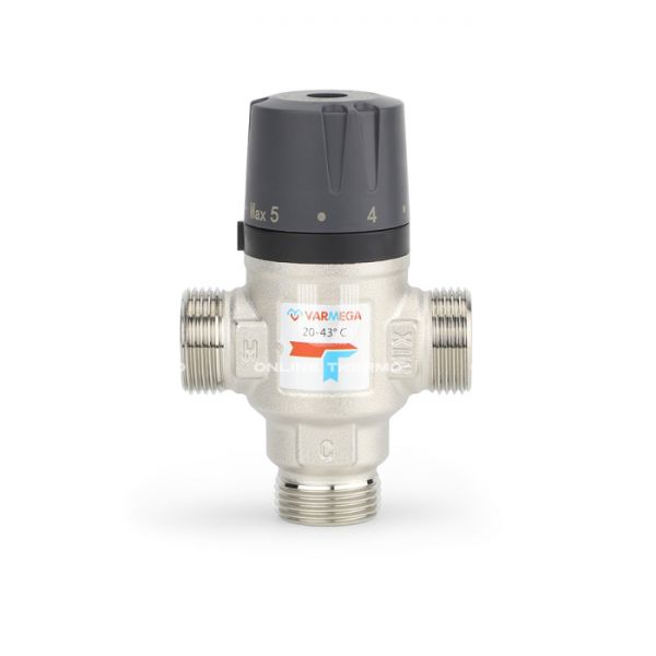 Термостатический смесительный клапан Varmega VM17503 НР 1", Kvs 2.5, PN 10, смешение в бок, 20-43°С