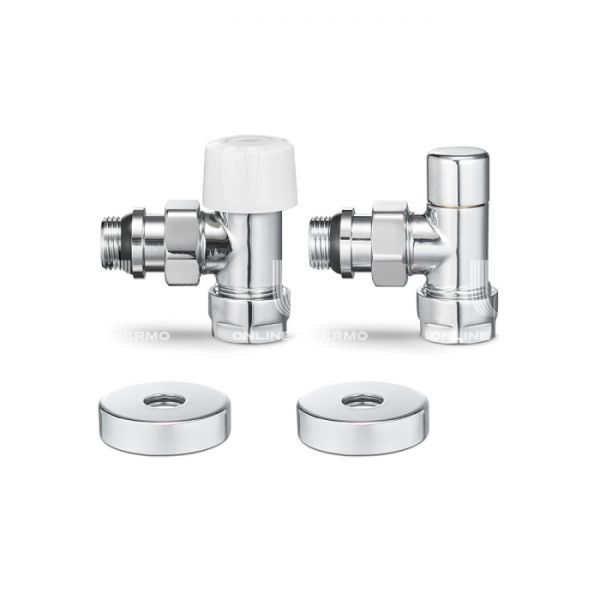 Комплект термостатический с запорным клапаном Varmega №1 VMDV10-410415, 1/2" x 3/4"EK ВР-НР, угловой, хром