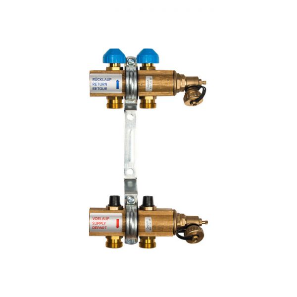 Распределительный коллектор (группа) для отопления Watts HKV-2 10004172 ВР 1", на 2 контура 3/4" ЕК, латунь, с концевыми группами