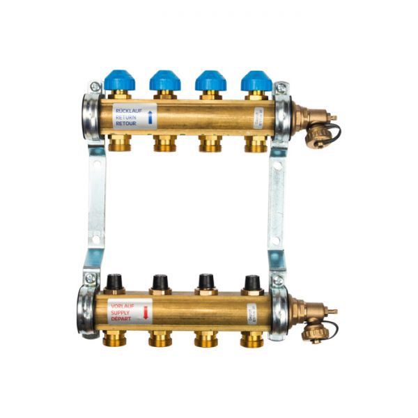 Распределительный коллектор (группа) для отопления Watts HKV-4 10004176 ВР 1", на 4 контура 3/4" ЕК, латунь, с концевыми группами