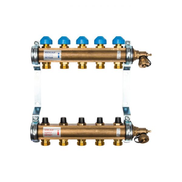 Распределительный коллектор (группа) для отопления Watts HKV-5 10004178 ВР 1", на 5 контуров 3/4" ЕК, латунь, с концевыми группами