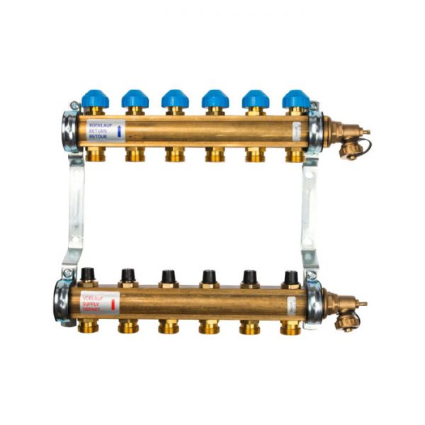 Распределительный коллектор (группа) для отопления Watts HKV-6 10004180 ВР 1", на 6 контуров 3/4" ЕК, латунь, с концевыми группами