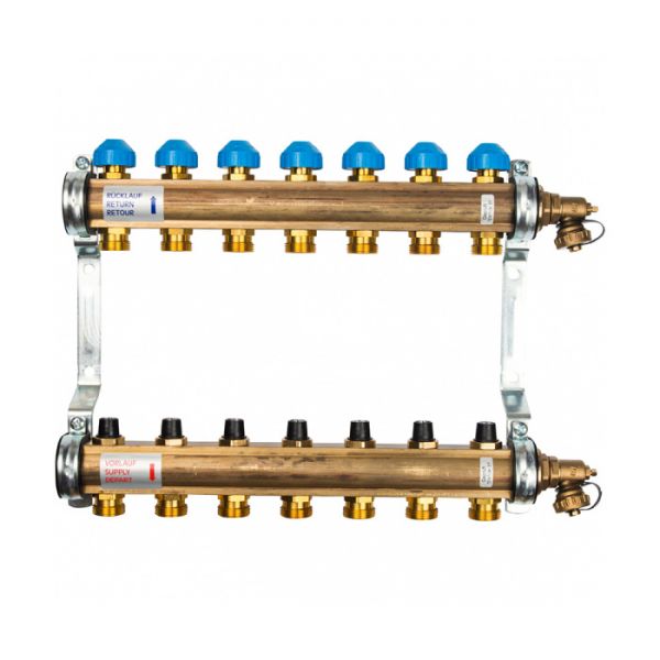 Распределительный коллектор (группа) для отопления Watts HKV-7 10004182 ВР 1", на 7 контуров 3/4" ЕК, латунь, с концевыми группами