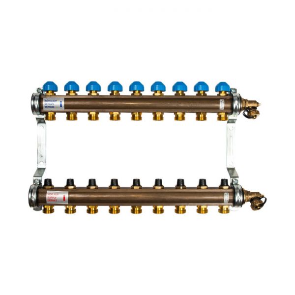 Распределительный коллектор (группа) для отопления Watts HKV-9 10004186 ВР 1", на 9 контуров 3/4" ЕК, латунь, с концевыми группами