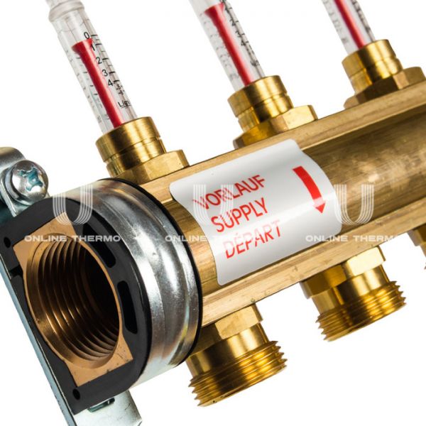 Распределительный коллектор (группа) с расходомерами Watts HKV/T-7 10004201 ВР 1", на 7 контуров 3/4" ЕК, латунь, с концевыми группами