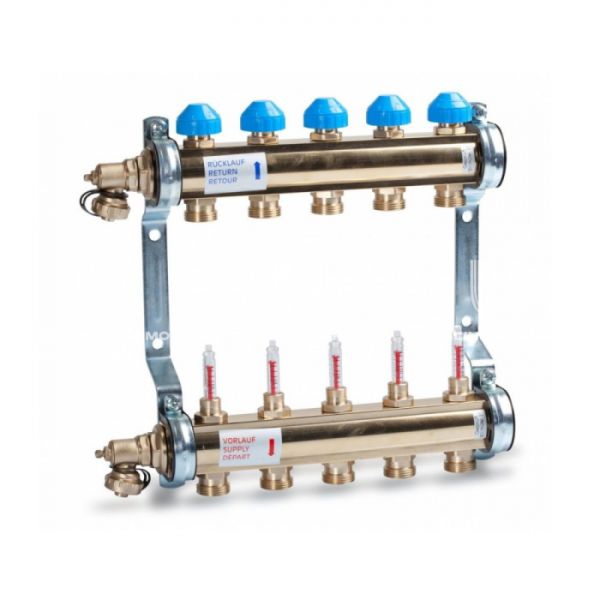 Распределительный коллектор (группа) с расходомерами Watts HKV/T-12 10004206 ВР 1", на 12 контуров 3/4" ЕК, латунь, с концевыми группами