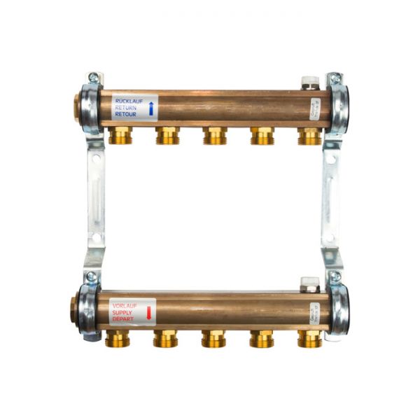 Распределительный коллектор (группа) для отопления Watts HKV/A-5 10004544 ВР 1", на 5 контуров 3/4" ЕК, латунь, нерегулирующий