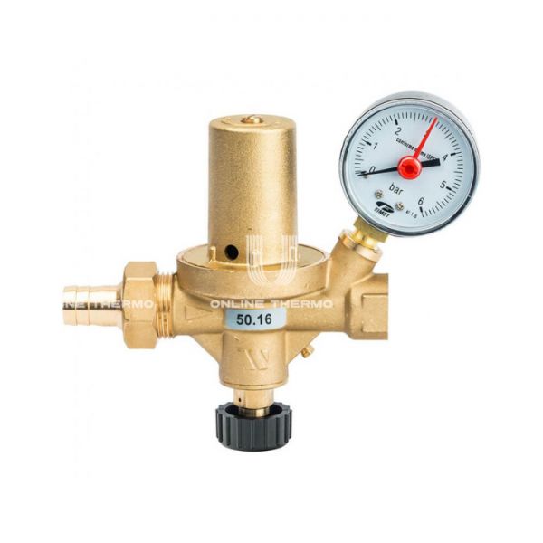 Автоматический подпиточный клапан Watts Alimat ALOMD 10004890 ВР-Штуцер 1/2", мембранный, латунный колпачок, со штуцером для шланга, с манометром