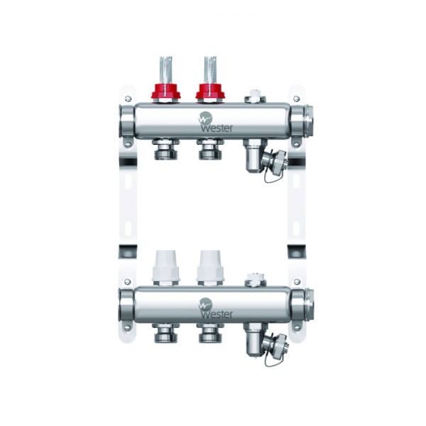 Распределительный коллектор (группа) с расходомерами Wester W902.2, 0-32-1810, 1", на 2 контура 3/4" EK, нержавеющая сталь