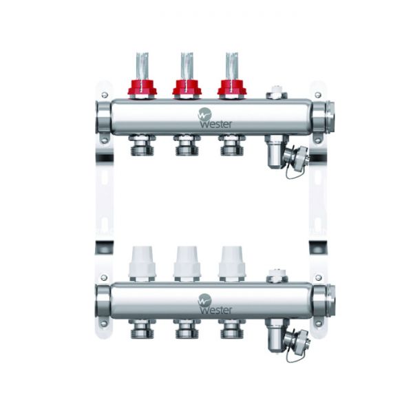 Распределительный коллектор (группа) с расходомерами Wester W902.3, 0-32-1815, 1", на 3 контура 3/4" EK, нержавеющая сталь