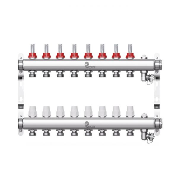 Распределительный коллектор (группа) с расходомерами Wester W902.8, 0-32-1840, 1", на 8 контуров 3/4" EK, нержавеющая сталь