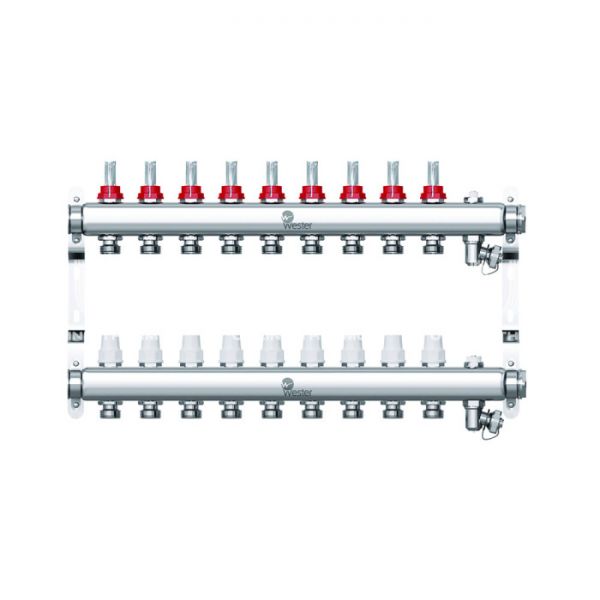 Распределительный коллектор (группа) с расходомерами Wester W902.9, 0-32-1845, 1", на 9 контуров 3/4" EK, нержавеющая сталь