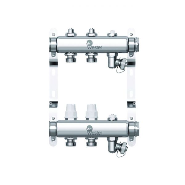 Распределительный коллектор (группа) Wester W903.2, 0-32-1865, 1", на 2 контура 3/4" EK, нержавеющая сталь, с 2 заглушками