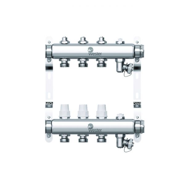 Распределительный коллектор (группа) Wester W903.3, 0-32-1870, 1", на 3 контура 3/4" EK, нержавеющая сталь, с 2 заглушками