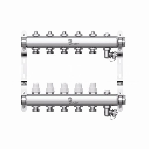 Распределительный коллектор (группа) Wester W903.5, 0-32-1880, 1", на 5 контуров 3/4" EK, нержавеющая сталь, с 2 заглушками