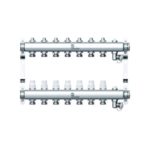 Распределительный коллектор (группа) Wester W903.7, 0-32-1890, 1", на 7 контуров 3/4" EK, нержавеющая сталь, с 2 заглушками