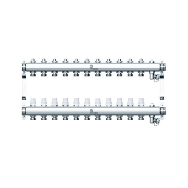 Распределительный коллектор (группа) Wester W903.11, 0-32-1910, 1", на 11 контуров 3/4" EK, нержавеющая сталь, с 2 заглушками