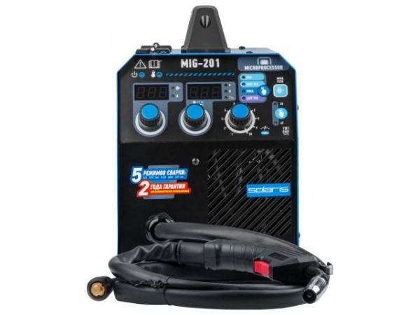 Полуавтомат сварочный Solaris MIG-201(230В; MIG/SPOT/FLUX/MMA/TIG; встроенная горелка 2 м; смена полярности; 2T/4T; рег.индуктивн.)