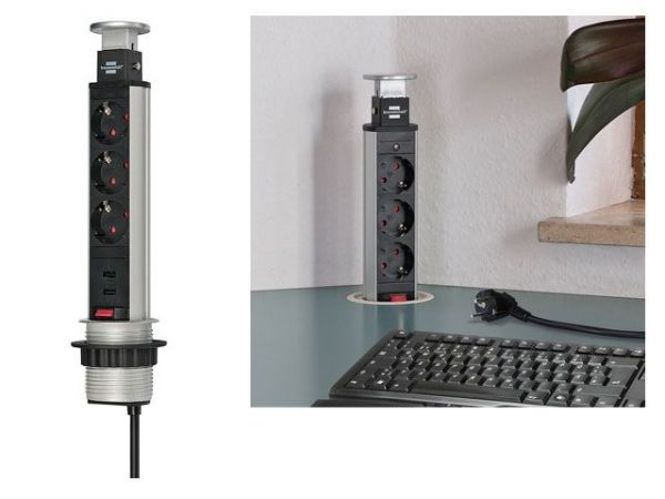 Удлинитель-башня 2м Tower-Power (3 роз, 2 USB, H05VV-F 3G1.5) Brennenstuhl(встраиваемый в столешницу, вертикальный выдвижной настольный удлинитель для постоянного монтажа)