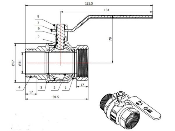 Кран шаровый 1 1/4' нар.-вн. ручка PN25, AV Engineering(Латунь, макс.  25 бар, макс.  110 °С)