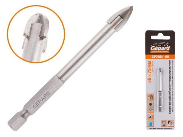 Сверло по кафелю/стеклу 6х75мм четырехкромочное шестигр. GEPARD (GP2081-06)(Impact, по керамической плитке, крестовая пластина)