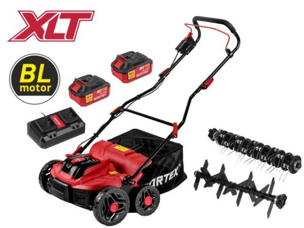 Аэратор-скарификатор WORTEX CAE 3736 ALL1 XLT SET БЕСЩЁТ.ДВИГ., 18В+18В, шир. 37 см(2 4Ач акб, зу, вал для аэрации, вал для скарификации, 5 рег.высоты, 45 л травосборник)