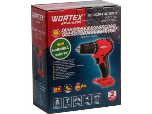 Ударная дрель-шуруповерт WORTEX BD 2030-1 DLi в кор. ALL1 XLT SOLO БЕСЩЕТ., 18 В, 55 Н*м(18.0 В, БЕЗ АКБ И ЗУ, БЕСЩЕТ., УДАРНЫЙ, 2 скор., 55 Н*м, шурупы до 10 мм)