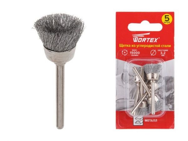 Щетка из углеродистой стали 16 мм WORTEX(раб. диам. 16 мм, диам. хвостовика 3.2 мм, 15000 об/мин)