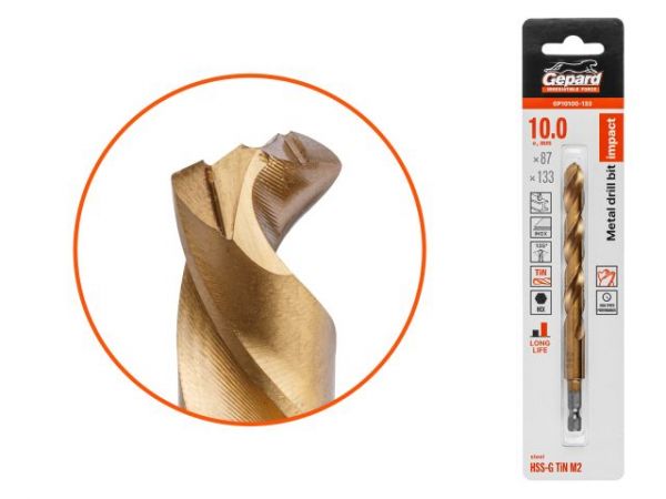 Сверло по металлу шестигр. 10.0х87х133 мм HSS-G TIN GEPARD(многогранная заточка)