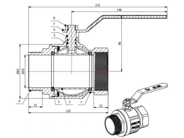 Кран шаровый 2' нар.-вн. ручка PN25, AV Engineering