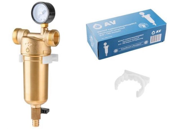 Фильтр самоочищающийся 1' нар. или 3/4'вн., 100 микрон, с манометром, AV Engineering (инд. упак.)(промывной латунный)