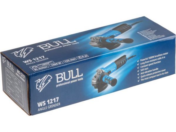 Одноручная углошлифмашина BULL WS 1217 в кор. БЕСЩЕТ., рег. об., 125 мм, 1600 Вт, плав. пуск., 4 м(3200 - 9500 об/мин, константная электроника, защита от повторного включения, вес 2,2 кг)