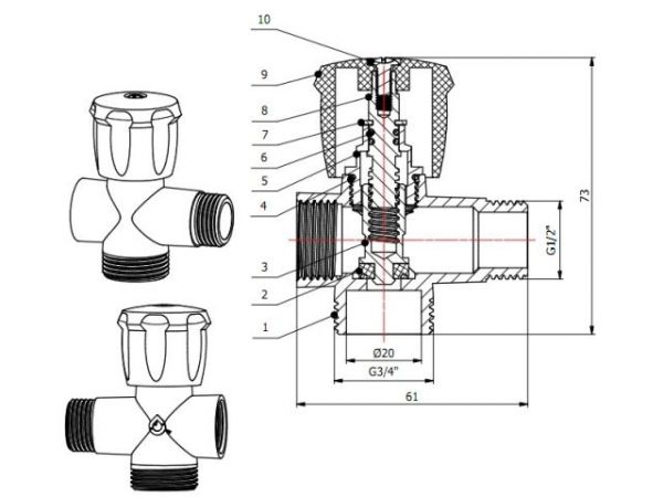 Кран вентильный 1/2' нар. х 3/4' нар. х 1/2' вн. для стир. машины ХРОМ., AV Engineering(Латунь, макс.  10 бар, макс.  110 °С)