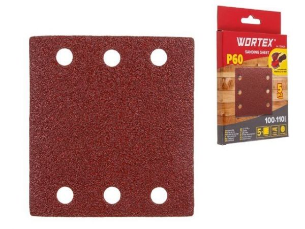 Шлифлист 100х110мм Р60 д/дерева самосцепл. 6 отв. 5 шт. WORTEX(Подходит для использования к виброшлифмашине WORTEX LX SS 1020)