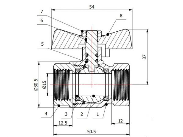 Кран шаровый 1/2' вн.-вн. бабочка PN40, AV Engineering(Латунь, макс.  40 бар, макс.  110 °С)