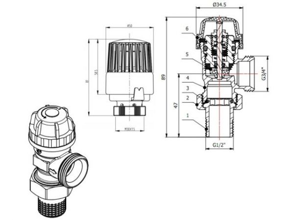 Кран вентильный под евроконус 1/2' нар. х 3/4' нар. для радиатора с термоголовой, AV Engineering(Латунь, макс.  16 бар, макс.  110 °С, M30x1.5, подача)
