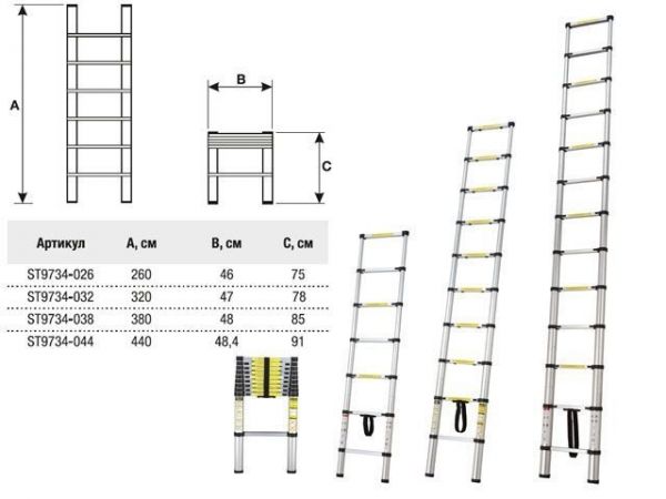 Лестница телескопическая 1-секц. алюм. 260см, 9 ступ. 6,4кг STARTUL (ST9734-026)