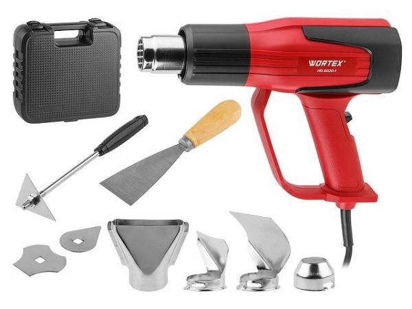 Термовоздуходувка WORTEX HG 6020-1 в чем. + набор сопл 2000 Вт, 2 скор., 350-600 °С(Ступенч. рег., 300-500 л/мин)