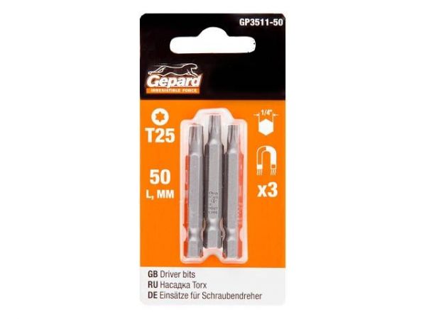 Насадка TORX T25 50мм  3шт GEPARD (GP3511-50)(бита звездочка шестилучевая звезда сталь S2  магнитная)