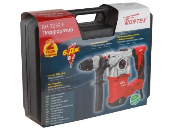 Перфоратор WORTEX RH 3239 F в чем. + (2 зубила, 3 сверла) 1500 Вт, 6.0 Дж, 32 мм, 4 режима, SDS-plus(вес 5.4 кг)