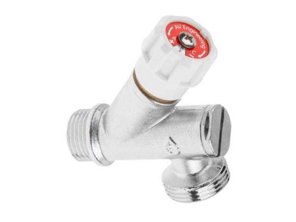 Кран вентильный угловой 1/2' нар. Х 3/4' нар. установочный ХРОМ для стир. машины с фильтром, AV Engi(Латунь, макс.  16 бар, макс.  110 °С)