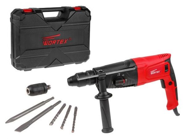 Перфоратор WORTEX RH 2629 в чем. + (2 зубила, 3 сверла) 800 Вт, 3.0 Дж, 26 мм, 4 режима, SDS-plus, Б(вес 3.1 кг)